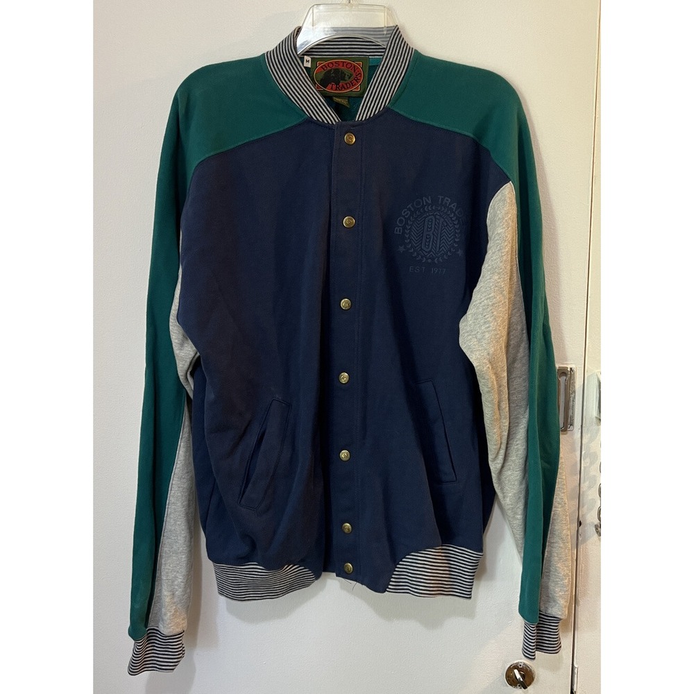 Vtg Boston Traders Mens L Large Full Button Up Cotton Bomber Jacket Blue